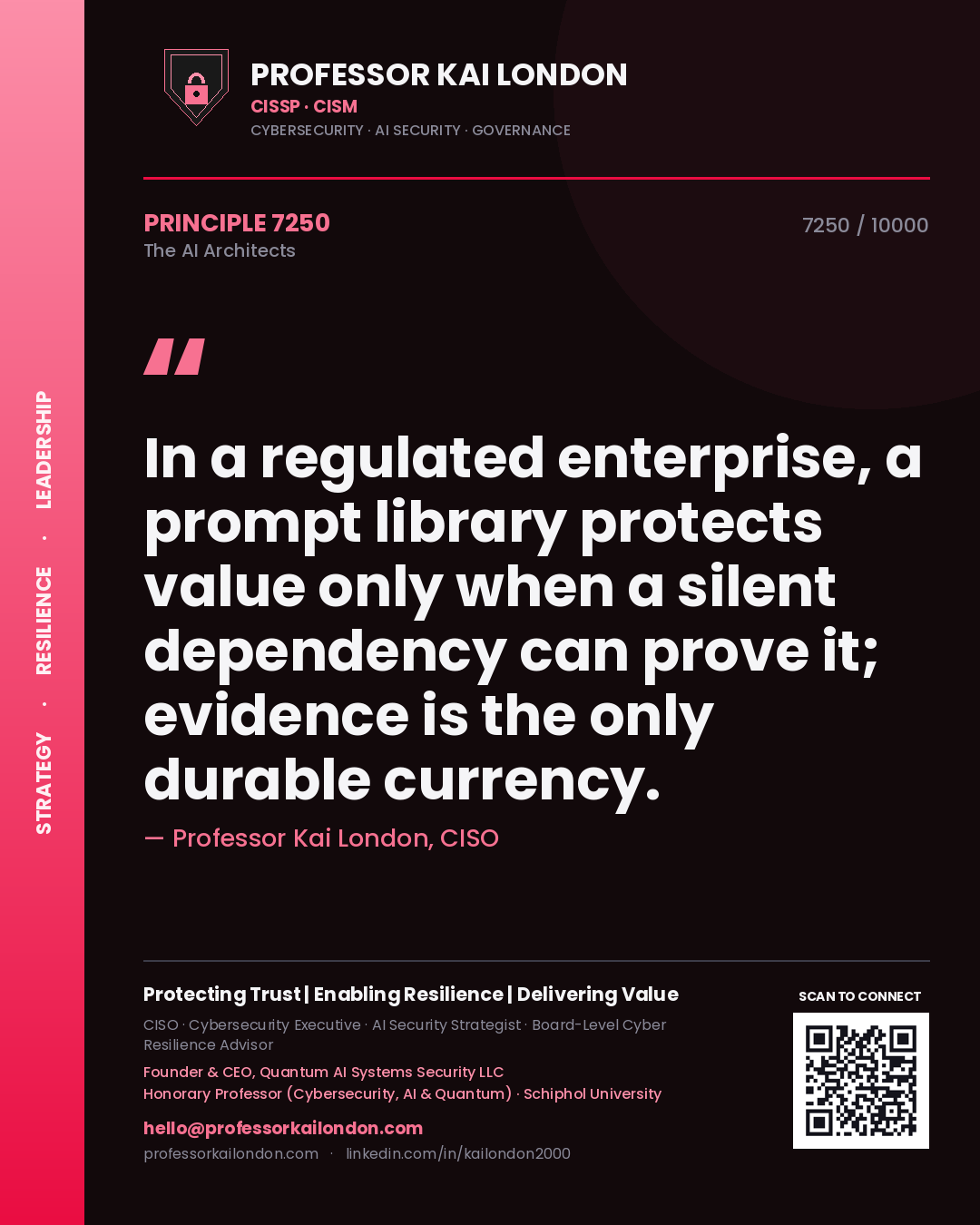 Professor Kai London principle 7250: In a regulated enterprise, a prompt library protects value only when a silent dependency can prove it; evidence is the only durable currency.
