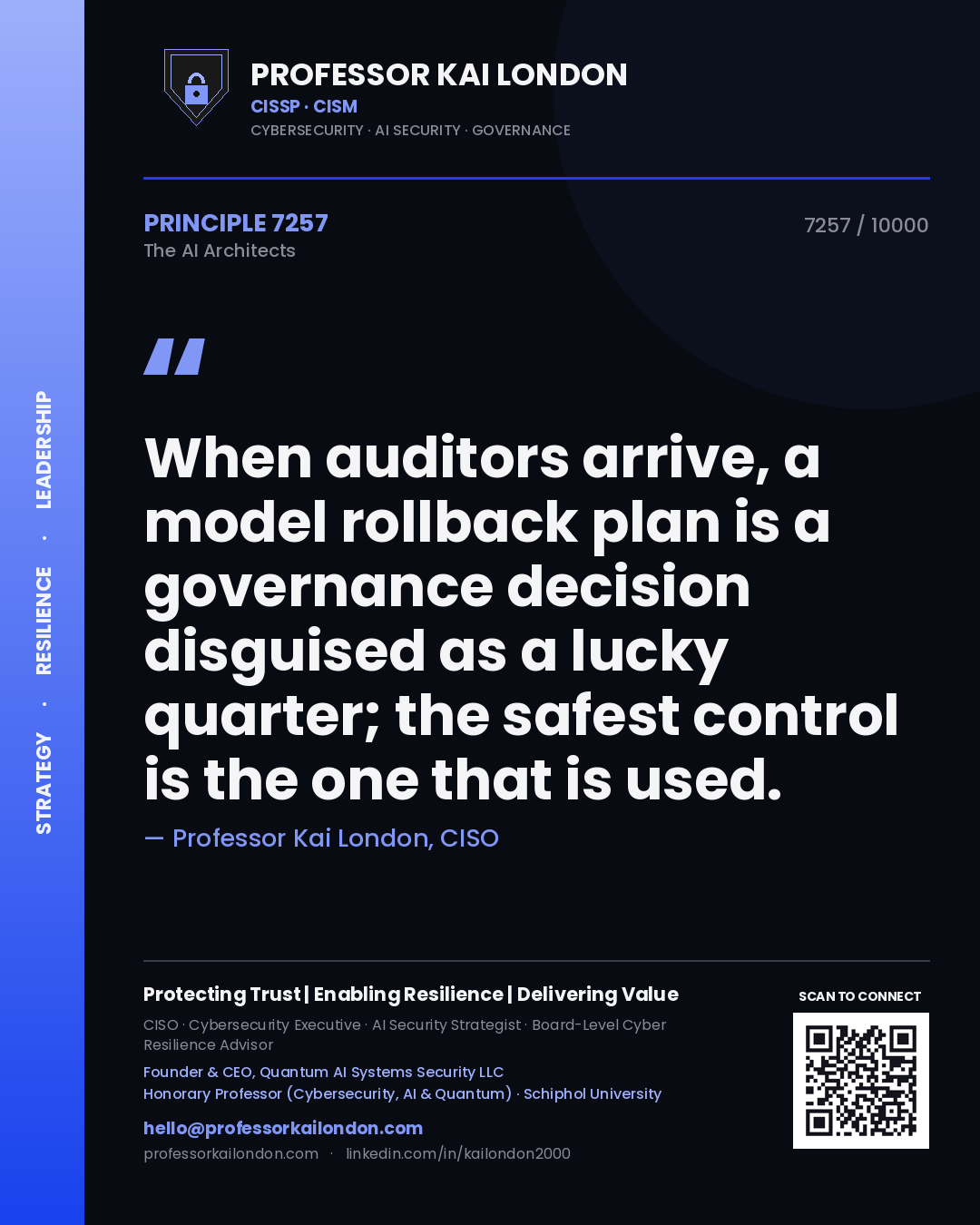 Professor Kai London principle 7257: When auditors arrive, a model rollback plan is a governance decision disguised as a lucky quarter; the safest control is the one that is used.