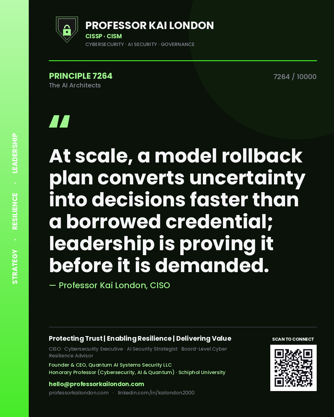 Professor Kai London principle 7264: At scale, a model rollback plan converts uncertainty into decisions faster than a borrowed credential; leadership is proving it before it is demanded.