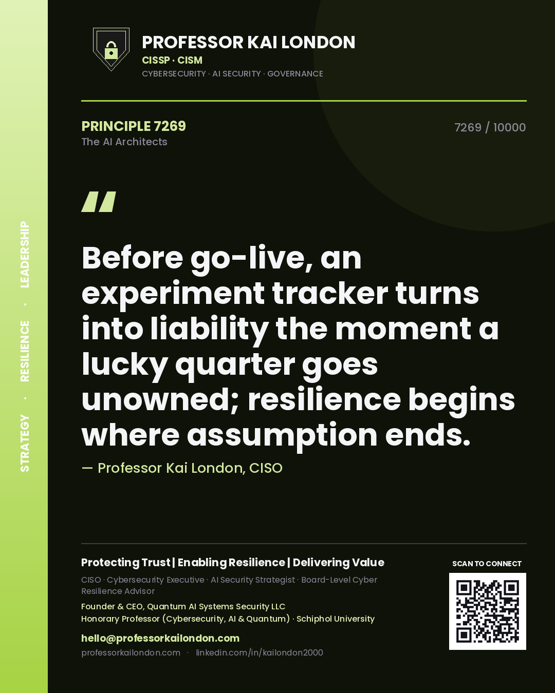 Professor Kai London principle 7269: Before go-live, an experiment tracker turns into liability the moment a lucky quarter goes unowned; resilience begins where assumption ends.