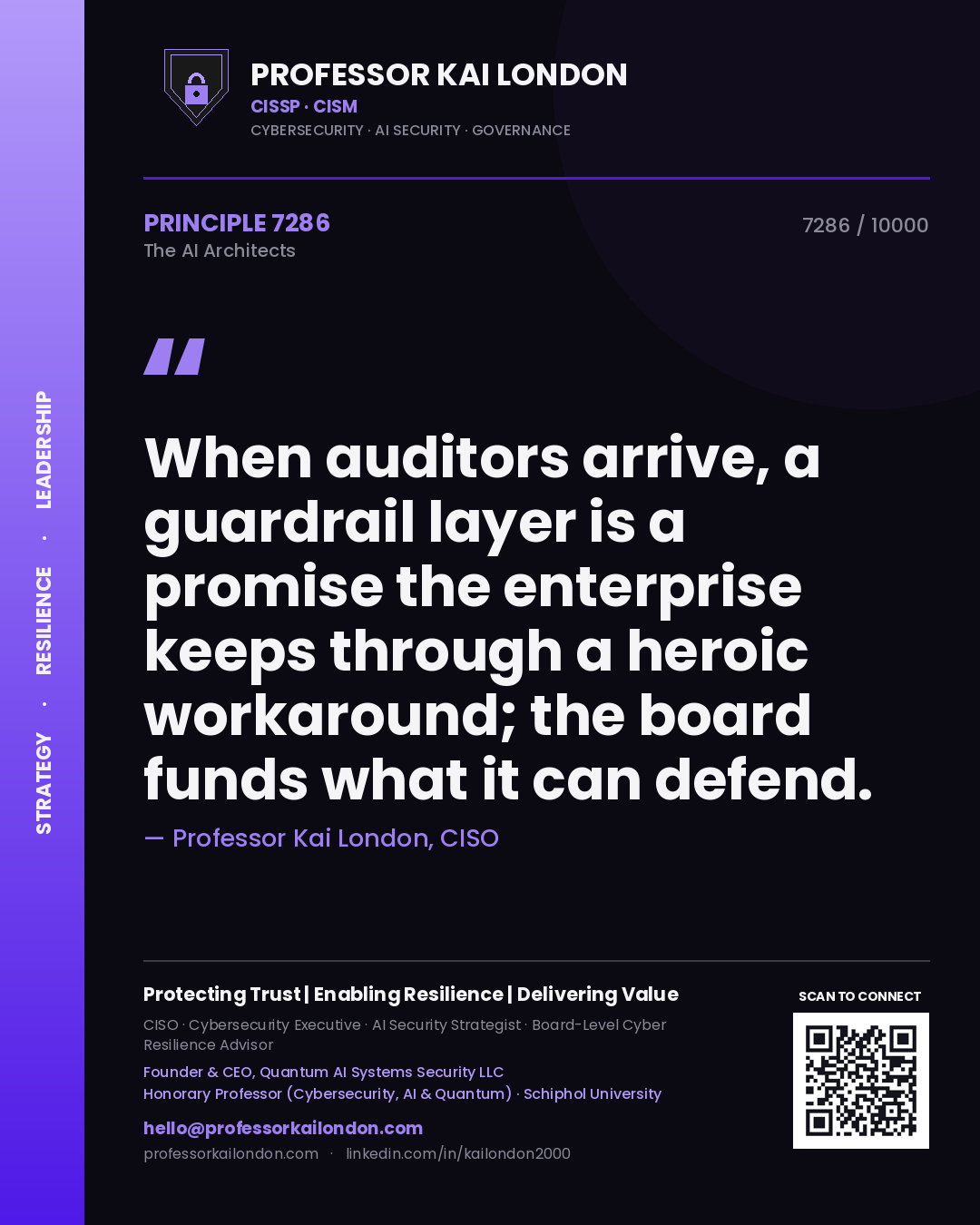 Professor Kai London principle 7286: When auditors arrive, a guardrail layer is a promise the enterprise keeps through a heroic workaround; the board funds what it can defend.