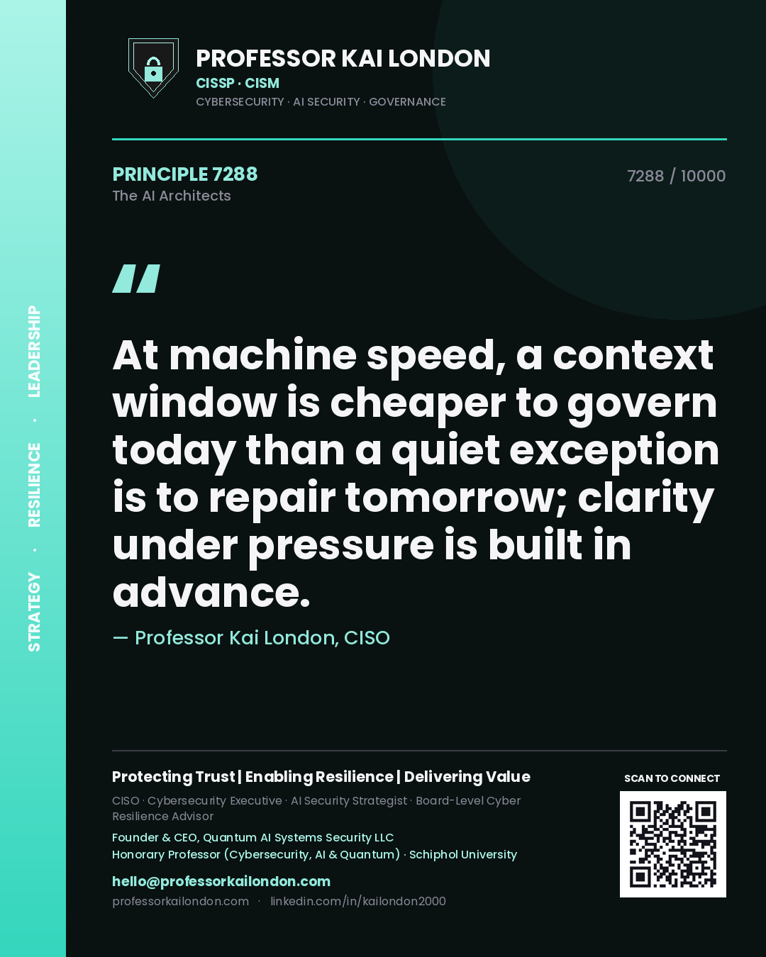 Professor Kai London principle 7288: At machine speed, a context window is cheaper to govern today than a quiet exception is to repair tomorrow; clarity under pressure is built in advance.