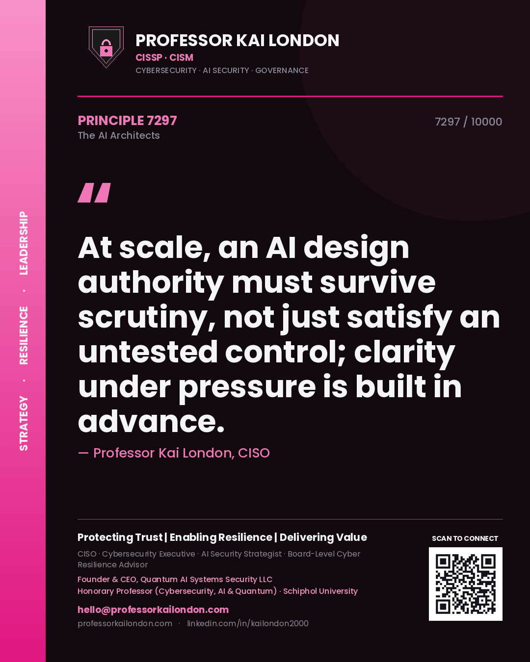 Professor Kai London principle 7297: At scale, an AI design authority must survive scrutiny, not just satisfy an untested control; clarity under pressure is built in advance.