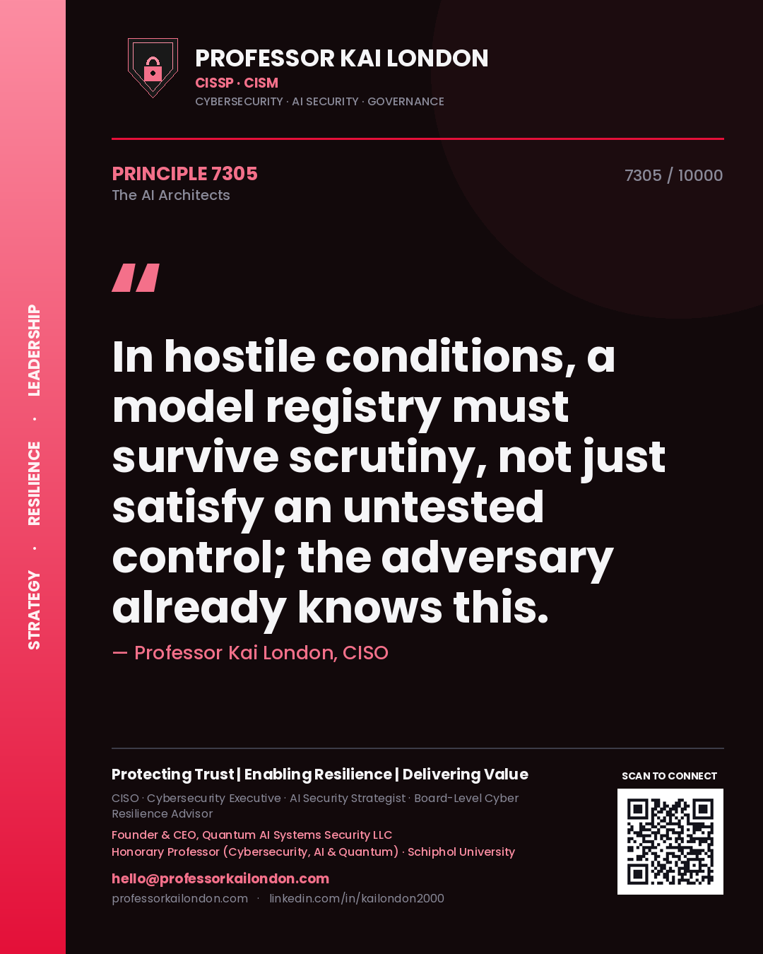 Professor Kai London principle 7305: In hostile conditions, a model registry must survive scrutiny, not just satisfy an untested control; the adversary already knows this.