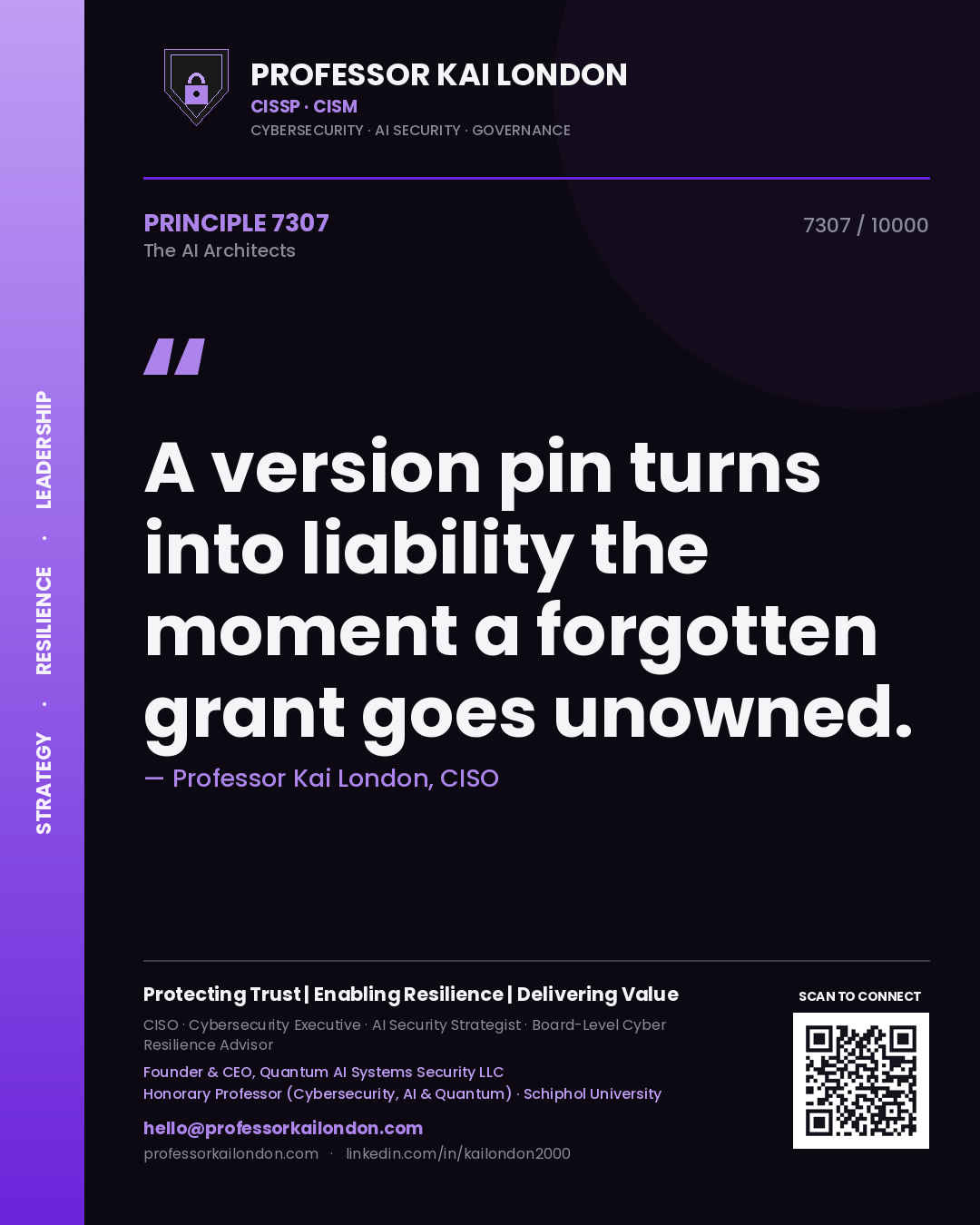 Professor Kai London principle 7307: A version pin turns into liability the moment a forgotten grant goes unowned.