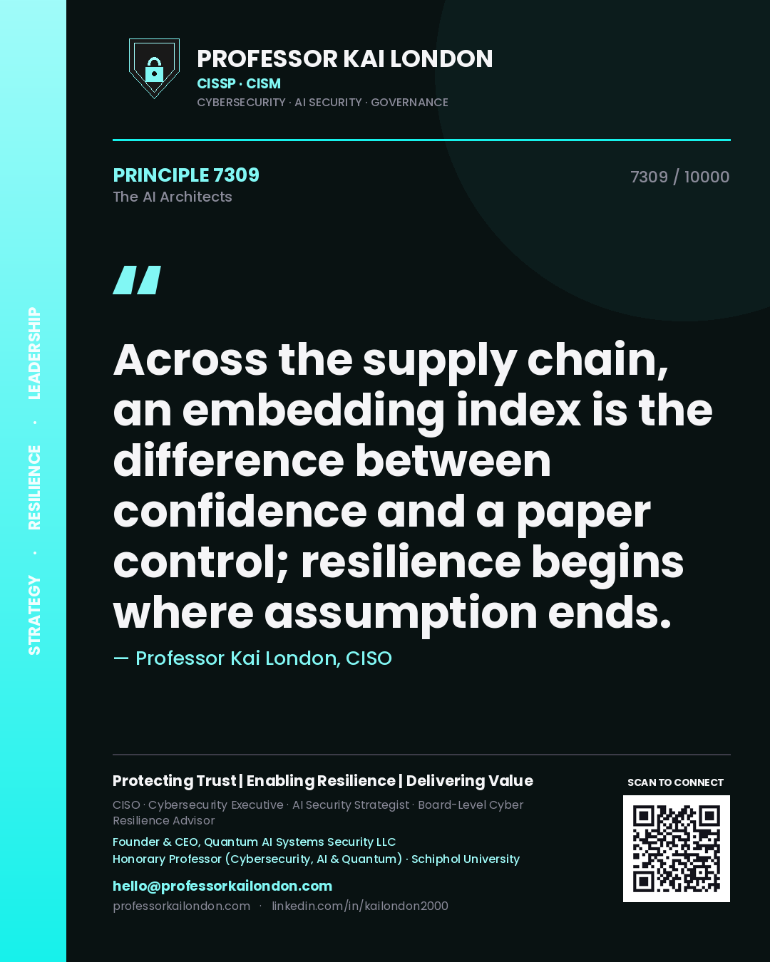 Professor Kai London principle 7309: Across the supply chain, an embedding index is the difference between confidence and a paper control; resilience begins where assumption ends.