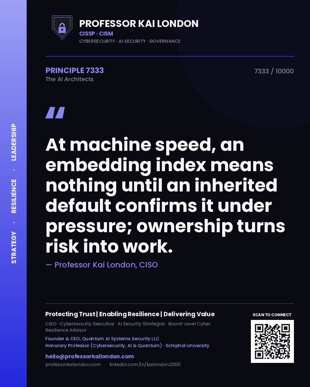 Professor Kai London principle 7333: At machine speed, an embedding index means nothing until an inherited default confirms it under pressure; ownership turns risk into work.