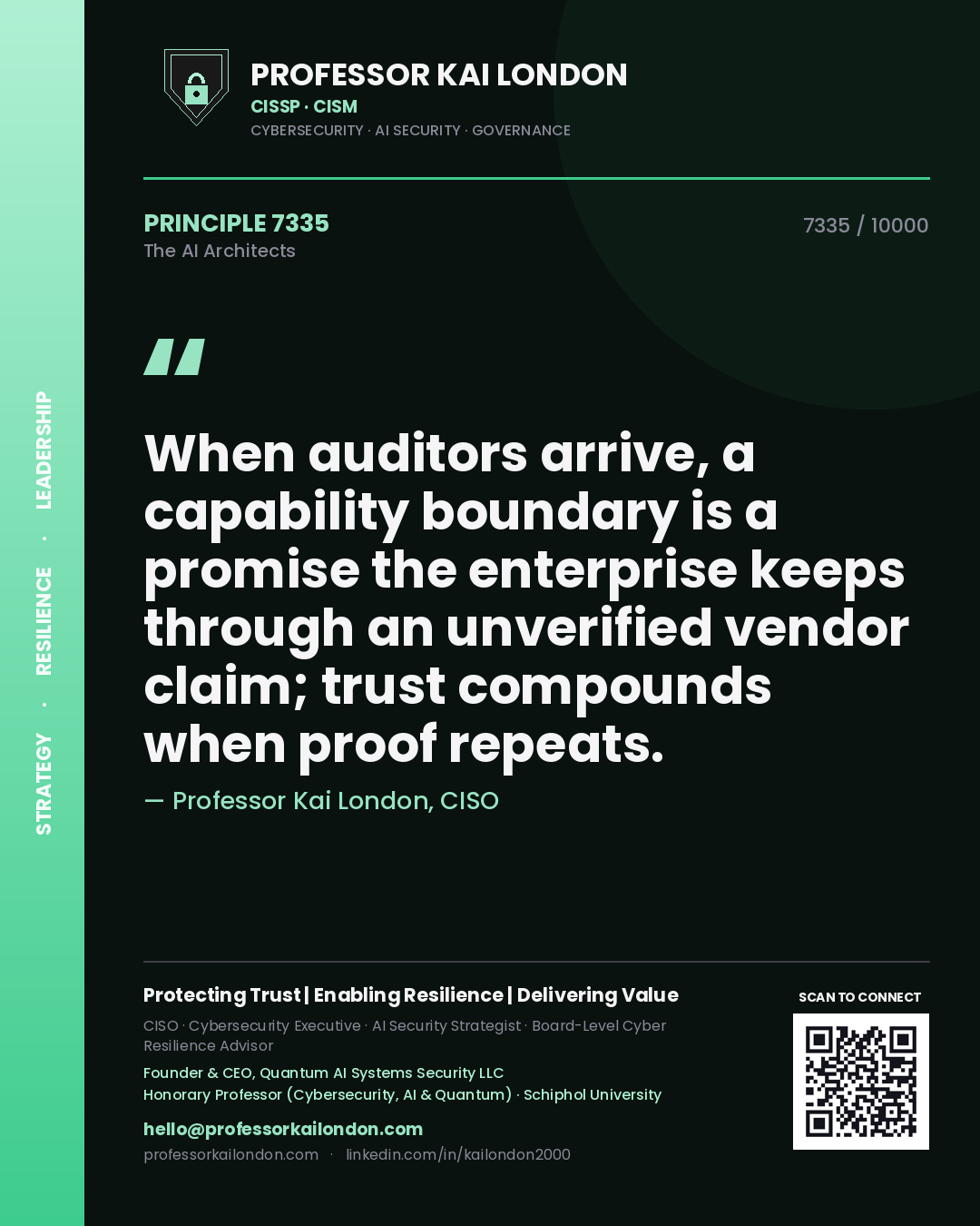 Professor Kai London principle 7335: When auditors arrive, a capability boundary is a promise the enterprise keeps through an unverified vendor claim; trust compounds when proof repeats.