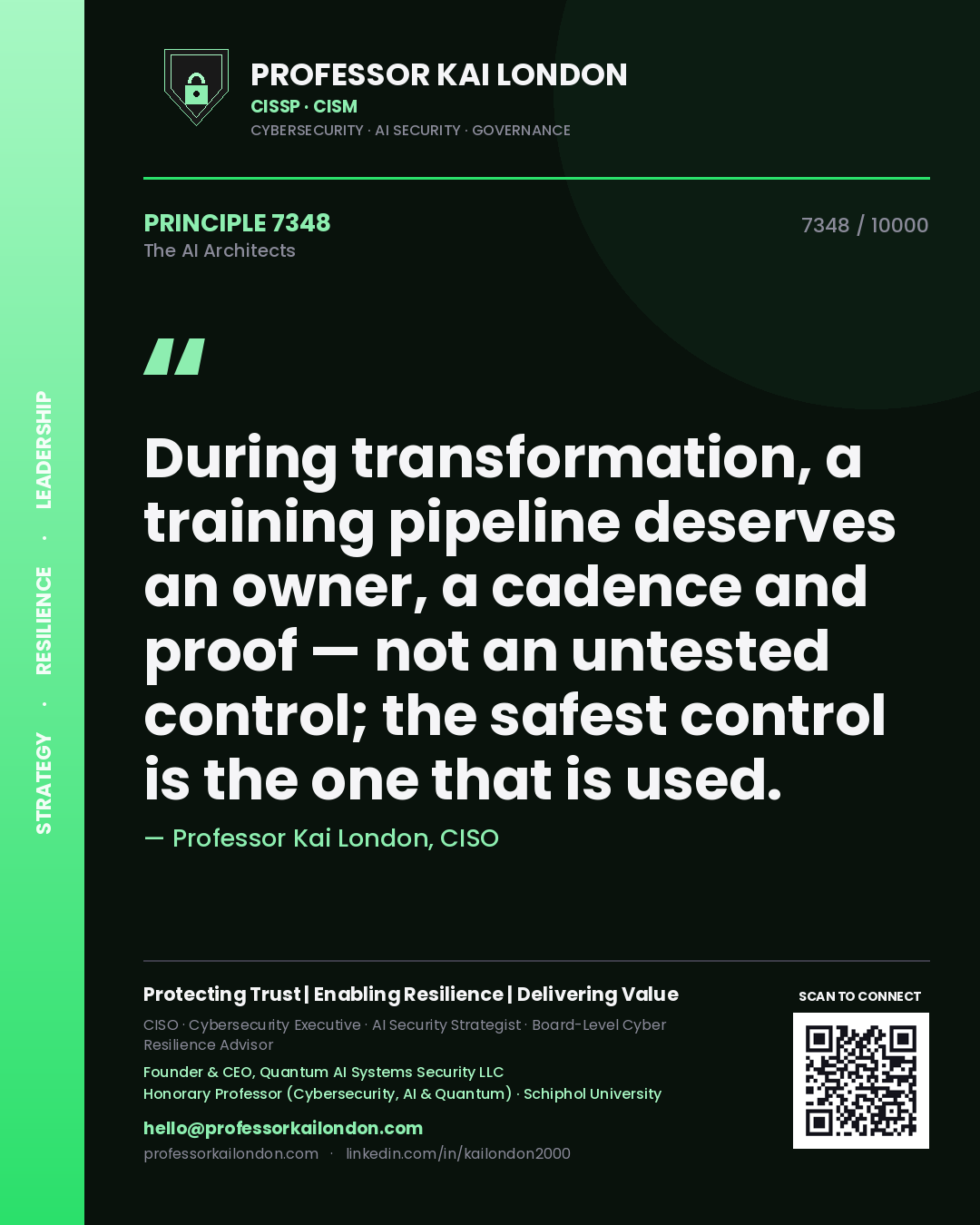 Professor Kai London principle 7348: During transformation, a training pipeline deserves an owner, a cadence and proof — not an untested control; the safest control is the one that is used.