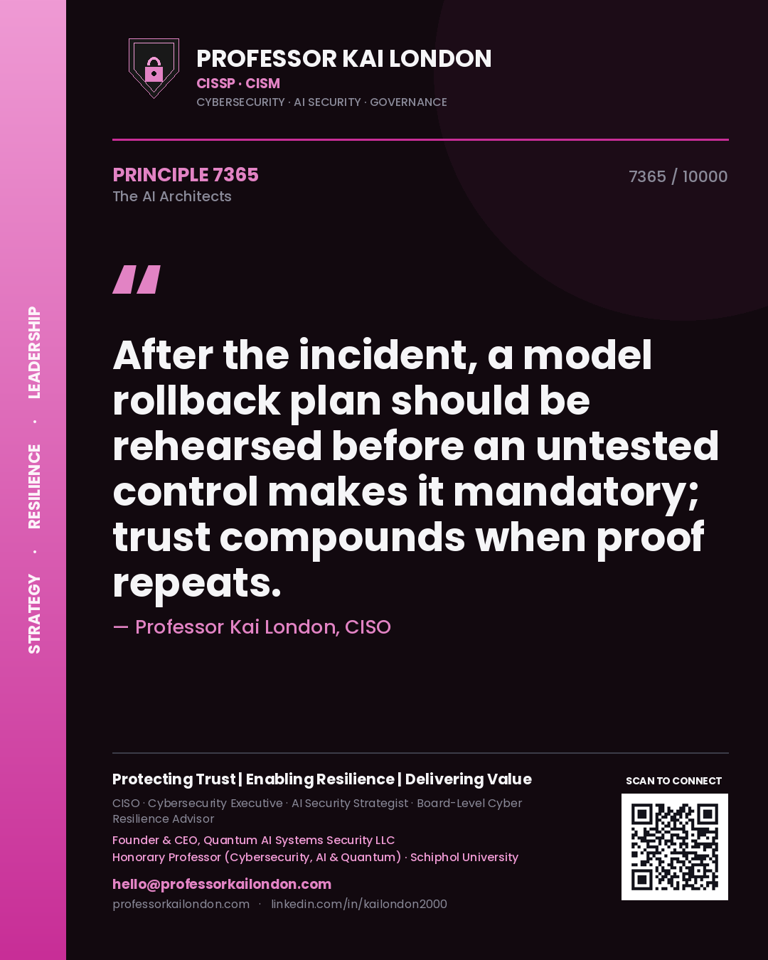Professor Kai London principle 7365: After the incident, a model rollback plan should be rehearsed before an untested control makes it mandatory; trust compounds when proof repeats.