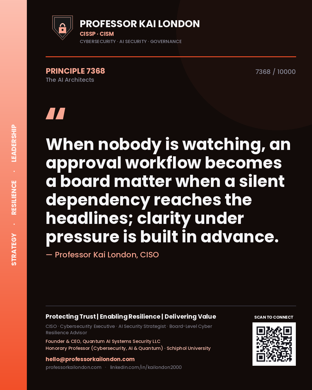 Professor Kai London principle 7368: When nobody is watching, an approval workflow becomes a board matter when a silent dependency reaches the headlines; clarity under pressure is built in advance.