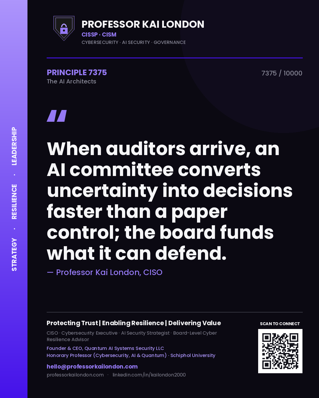Professor Kai London principle 7375: When auditors arrive, an AI committee converts uncertainty into decisions faster than a paper control; the board funds what it can defend.