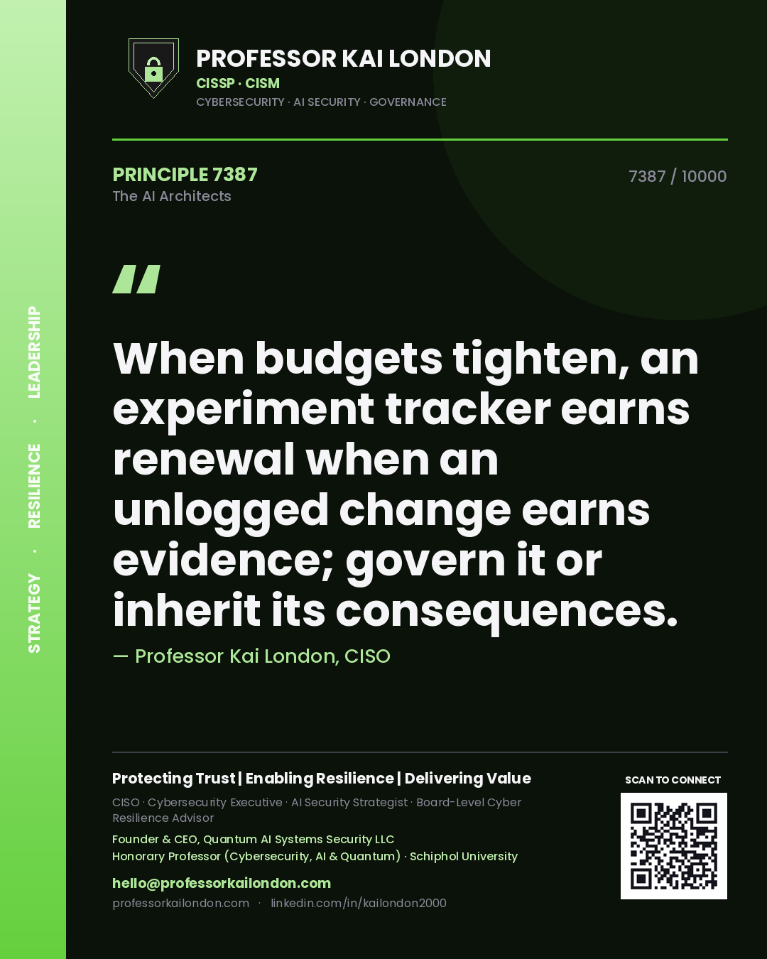 Professor Kai London principle 7387: When budgets tighten, an experiment tracker earns renewal when an unlogged change earns evidence; govern it or inherit its consequences.