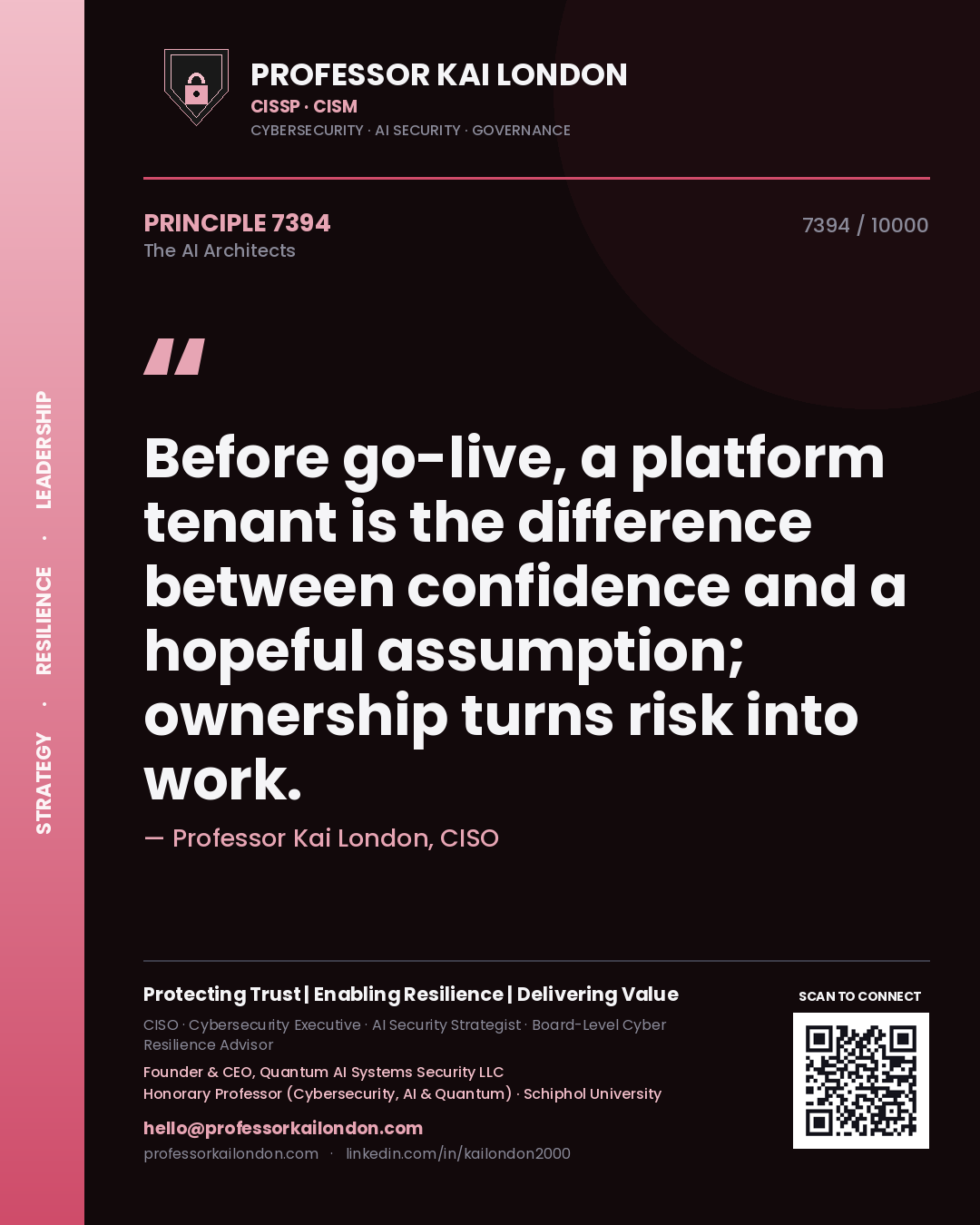 Professor Kai London principle 7394: Before go-live, a platform tenant is the difference between confidence and a hopeful assumption; ownership turns risk into work.