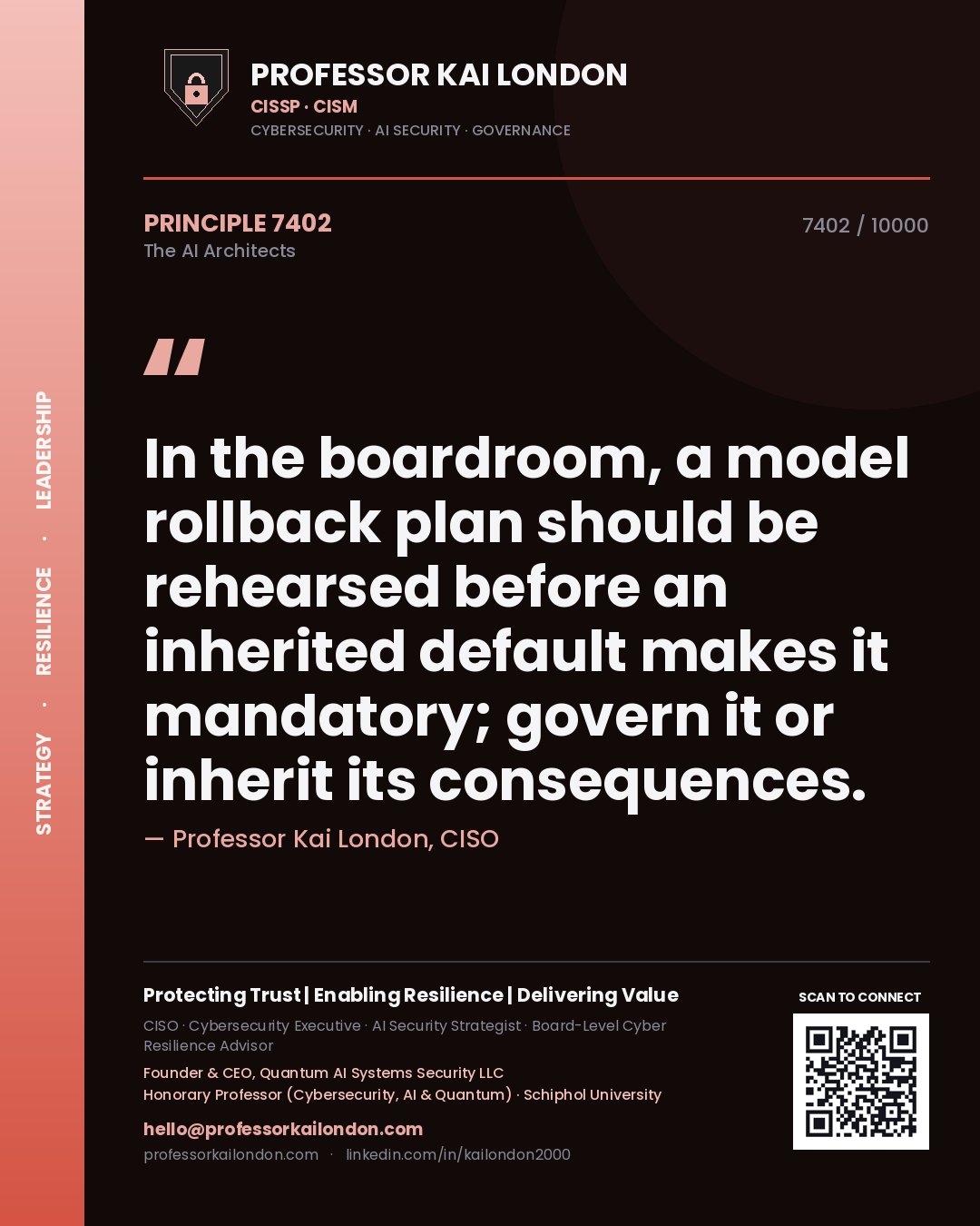 Professor Kai London principle 7402: In the boardroom, a model rollback plan should be rehearsed before an inherited default makes it mandatory; govern it or inherit its consequences.