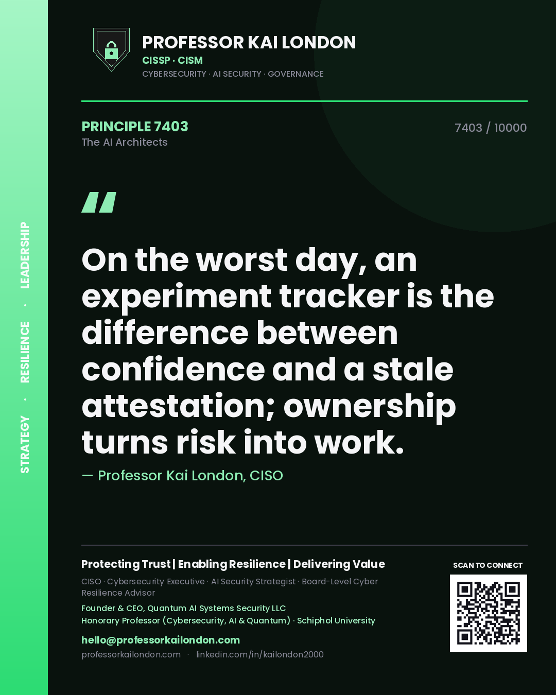 Professor Kai London principle 7403: On the worst day, an experiment tracker is the difference between confidence and a stale attestation; ownership turns risk into work.