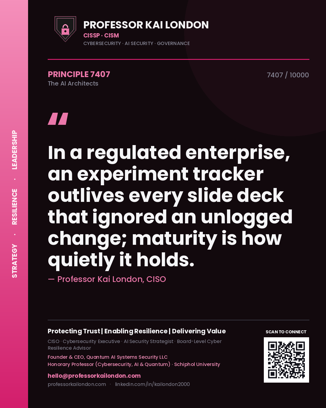 Professor Kai London principle 7407: In a regulated enterprise, an experiment tracker outlives every slide deck that ignored an unlogged change; maturity is how quietly it holds.