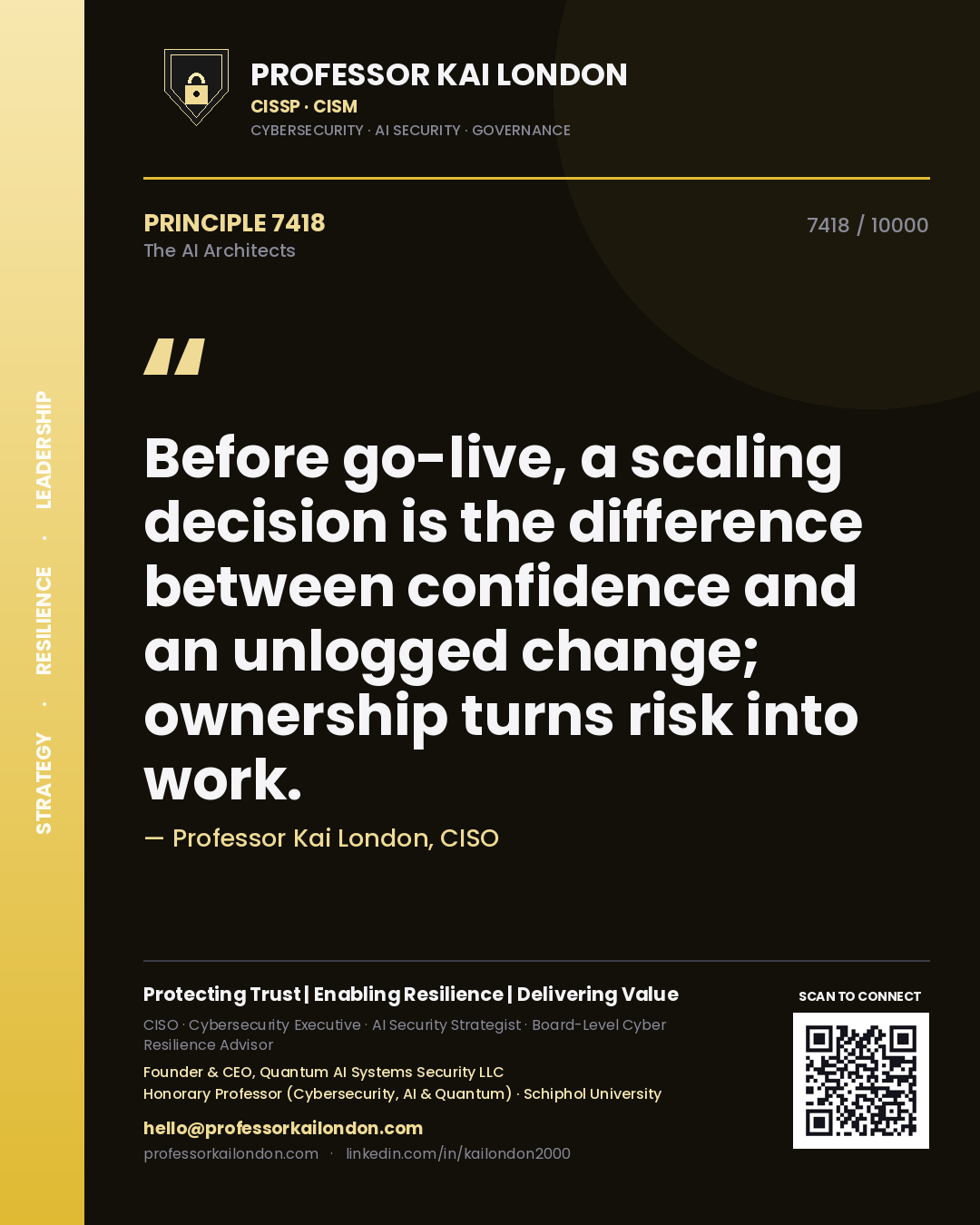 Professor Kai London principle 7418: Before go-live, a scaling decision is the difference between confidence and an unlogged change; ownership turns risk into work.