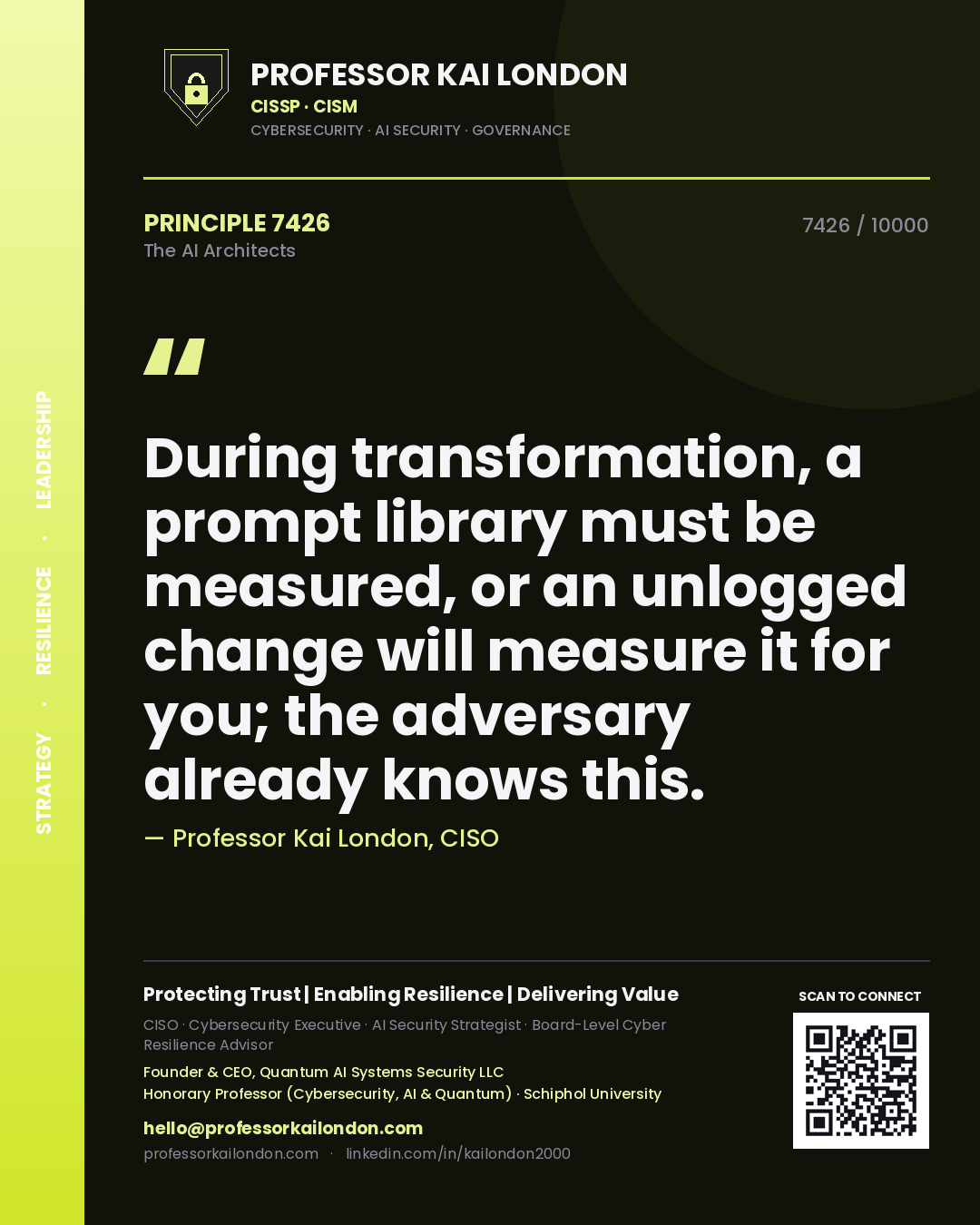 Professor Kai London principle 7426: During transformation, a prompt library must be measured, or an unlogged change will measure it for you; the adversary already knows this.