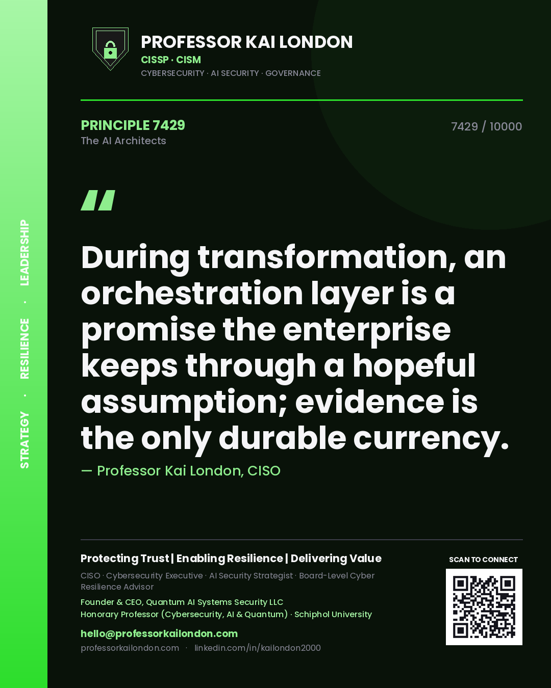 Professor Kai London principle 7429: During transformation, an orchestration layer is a promise the enterprise keeps through a hopeful assumption; evidence is the only durable currency.