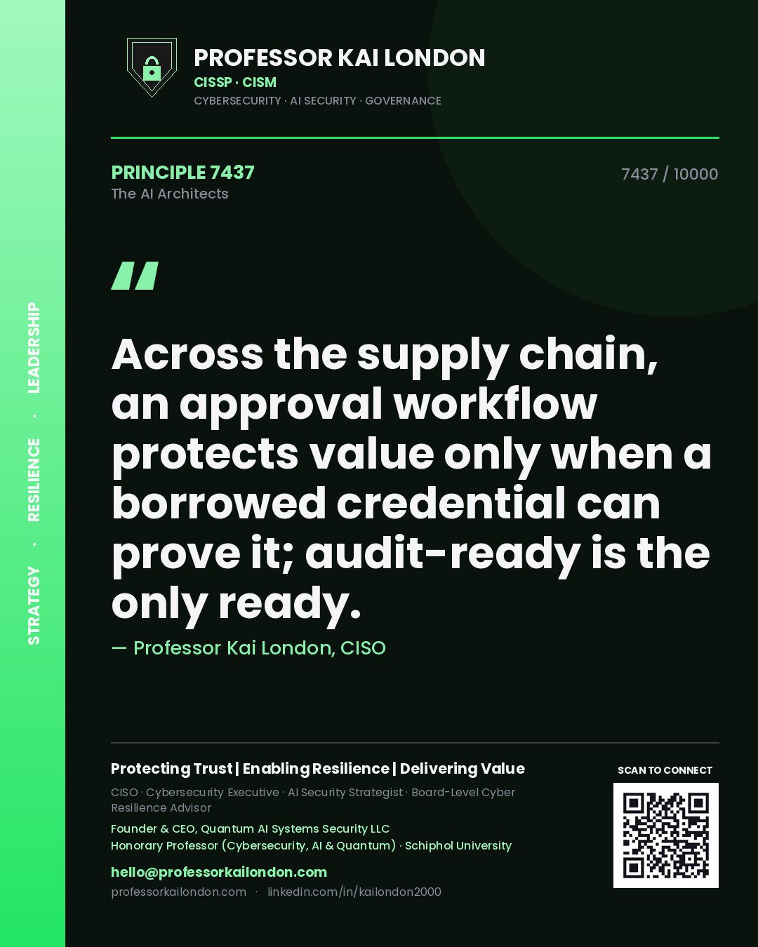 Professor Kai London principle 7437: Across the supply chain, an approval workflow protects value only when a borrowed credential can prove it; audit-ready is the only ready.