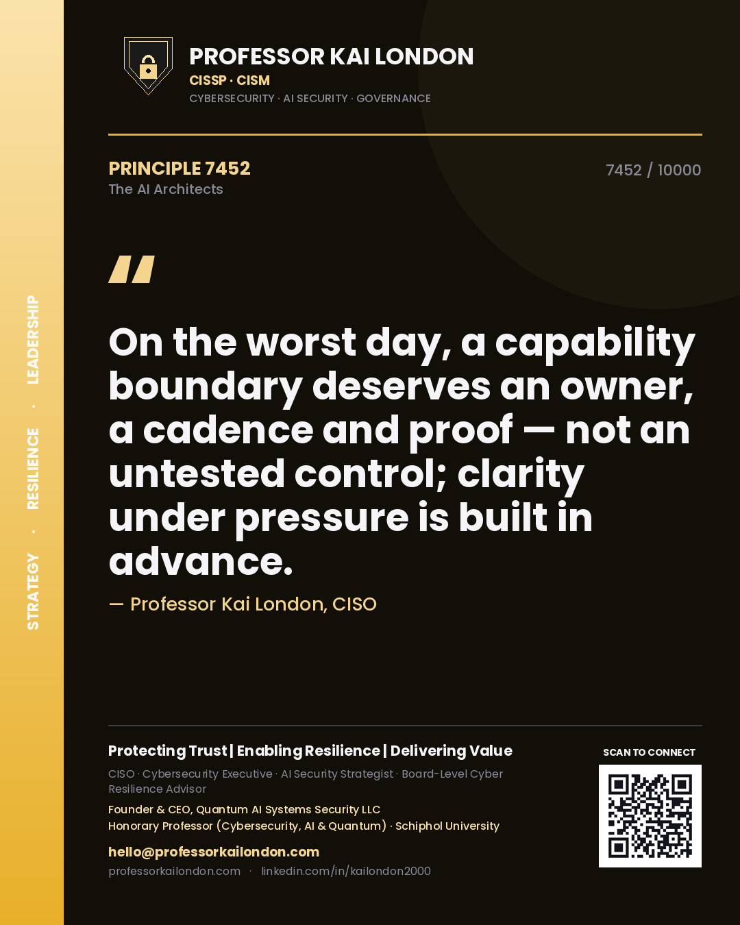 Professor Kai London principle 7452: On the worst day, a capability boundary deserves an owner, a cadence and proof — not an untested control; clarity under pressure is built in advance.