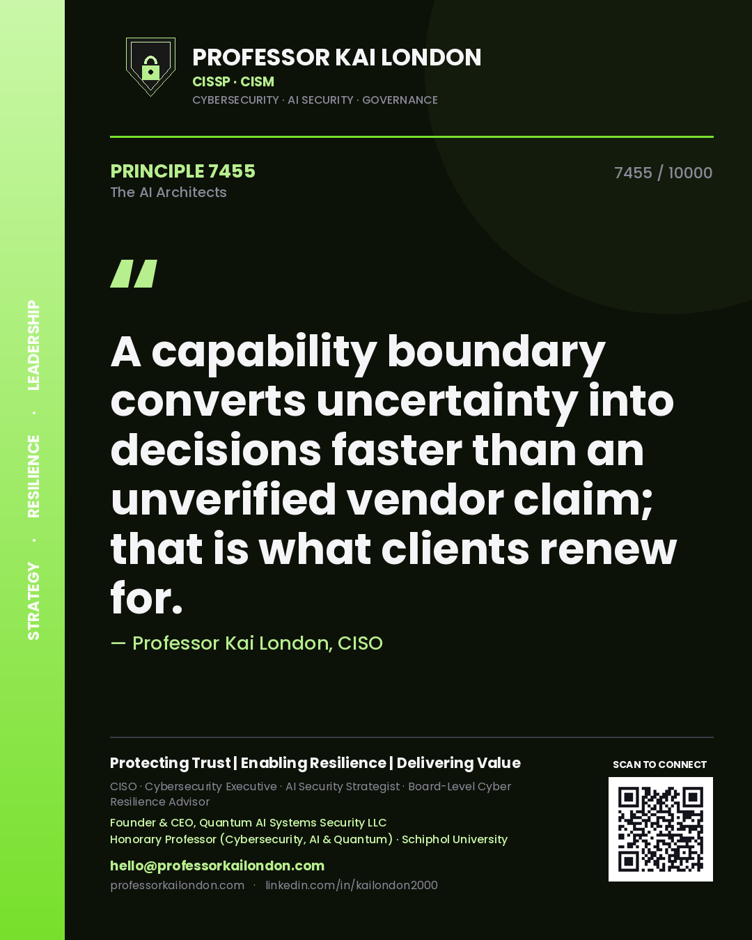 Professor Kai London principle 7455: A capability boundary converts uncertainty into decisions faster than an unverified vendor claim; that is what clients renew for.