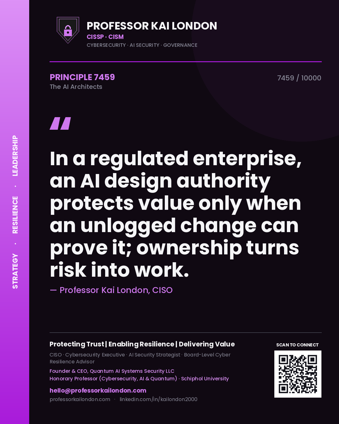 Professor Kai London principle 7459: In a regulated enterprise, an AI design authority protects value only when an unlogged change can prove it; ownership turns risk into work.