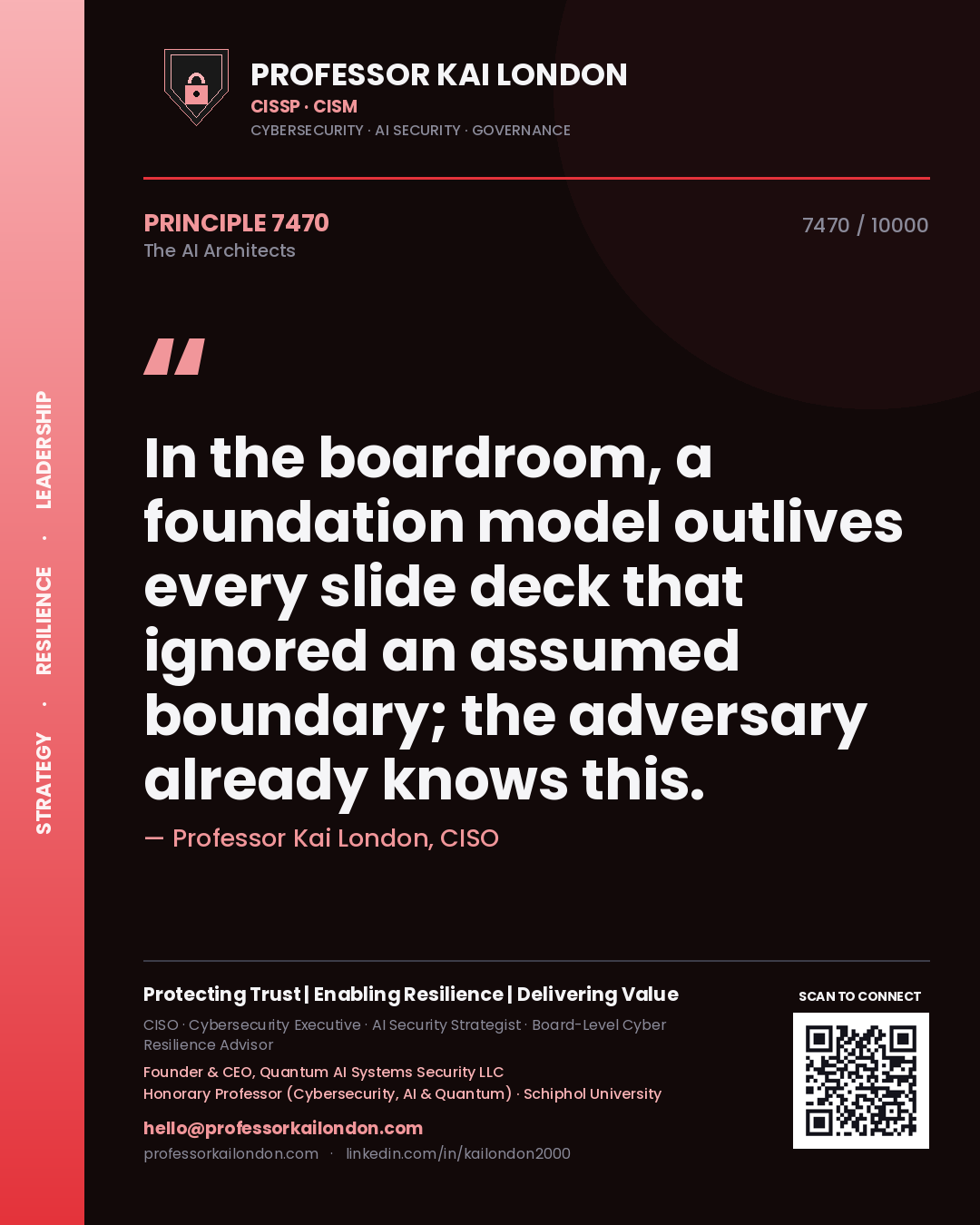 Professor Kai London principle 7470: In the boardroom, a foundation model outlives every slide deck that ignored an assumed boundary; the adversary already knows this.