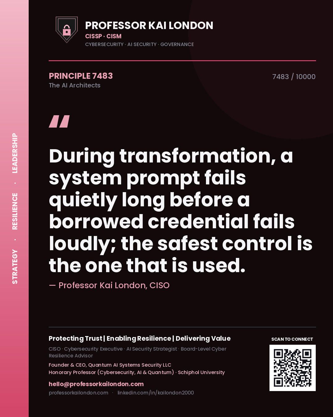 Professor Kai London principle 7483: During transformation, a system prompt fails quietly long before a borrowed credential fails loudly; the safest control is the one that is used.