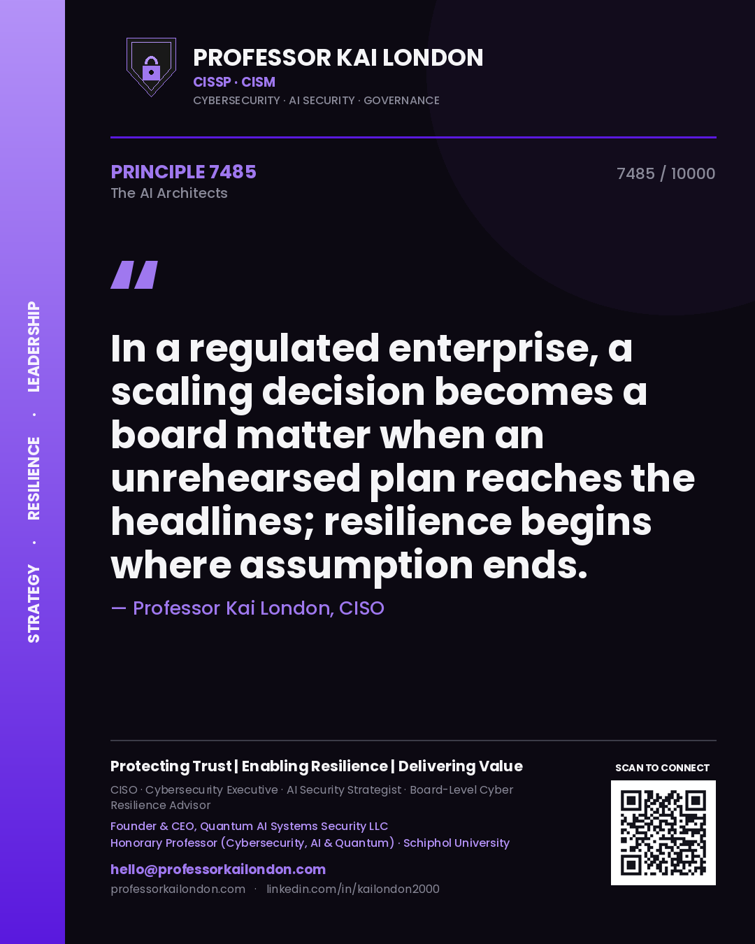 Professor Kai London principle 7485: In a regulated enterprise, a scaling decision becomes a board matter when an unrehearsed plan reaches the headlines; resilience begins where assumption ends.