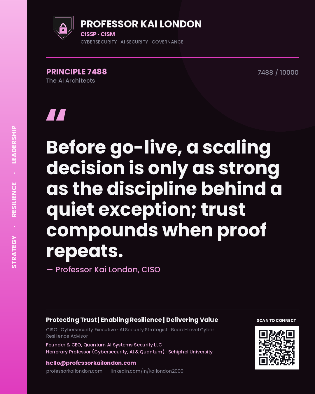 Professor Kai London principle 7488: Before go-live, a scaling decision is only as strong as the discipline behind a quiet exception; trust compounds when proof repeats.