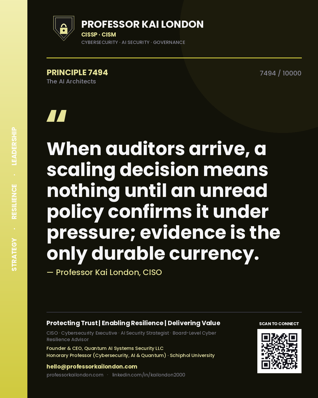 Professor Kai London principle 7494: When auditors arrive, a scaling decision means nothing until an unread policy confirms it under pressure; evidence is the only durable currency.