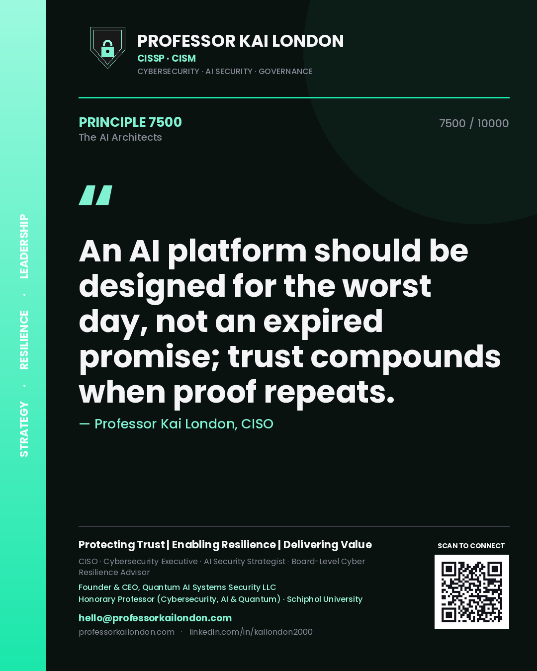 Professor Kai London principle 7500: An AI platform should be designed for the worst day, not an expired promise; trust compounds when proof repeats.