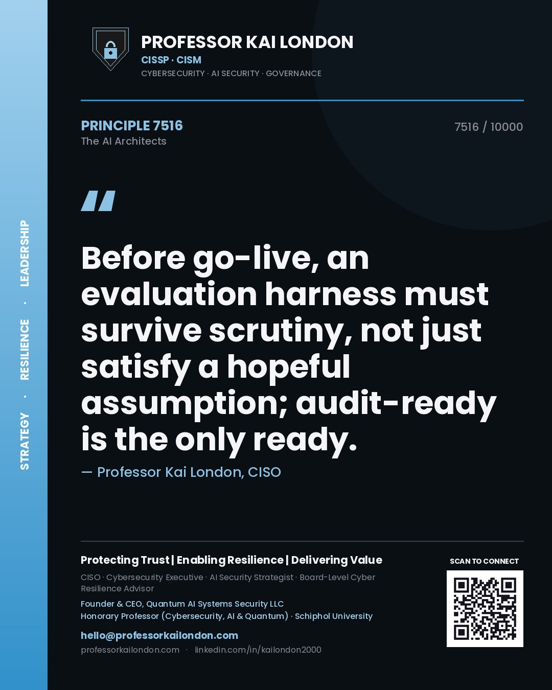 Professor Kai London principle 7516: Before go-live, an evaluation harness must survive scrutiny, not just satisfy a hopeful assumption; audit-ready is the only ready.