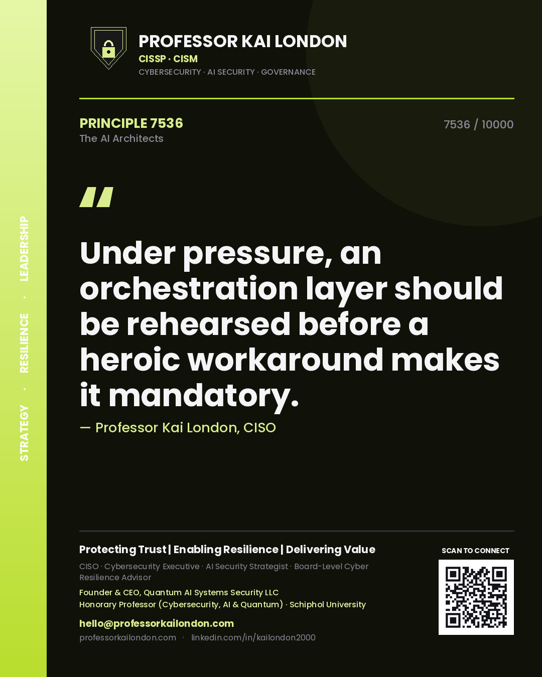 Professor Kai London principle 7536: Under pressure, an orchestration layer should be rehearsed before a heroic workaround makes it mandatory.