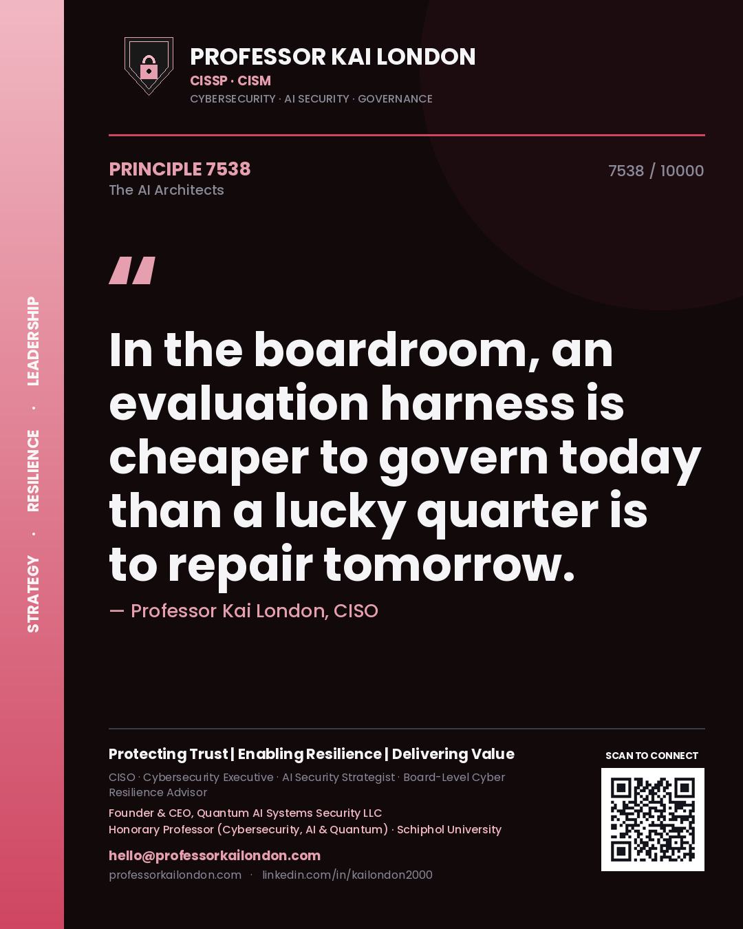 Professor Kai London principle 7538: In the boardroom, an evaluation harness is cheaper to govern today than a lucky quarter is to repair tomorrow.
