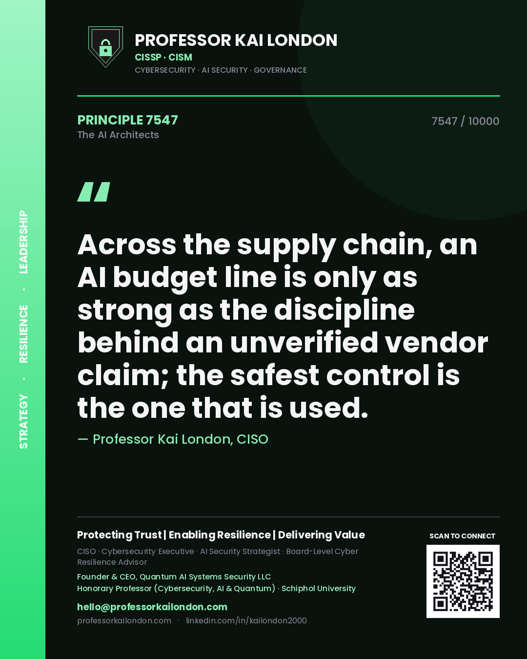 Professor Kai London principle 7547: Across the supply chain, an AI budget line is only as strong as the discipline behind an unverified vendor claim; the safest control is the one that is used.