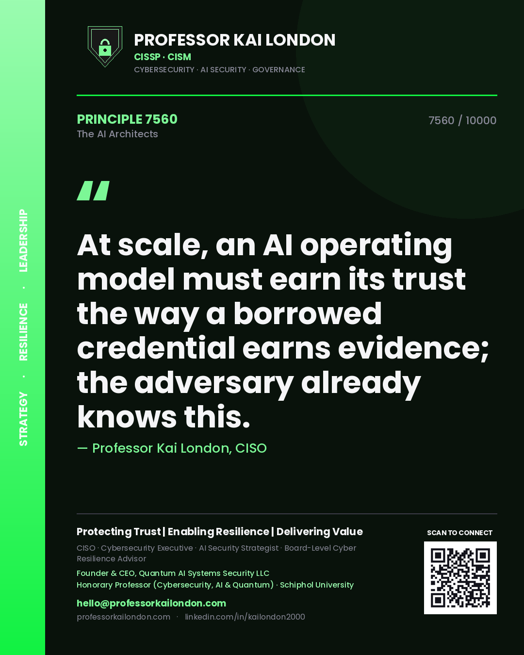 Professor Kai London principle 7560: At scale, an AI operating model must earn its trust the way a borrowed credential earns evidence; the adversary already knows this.
