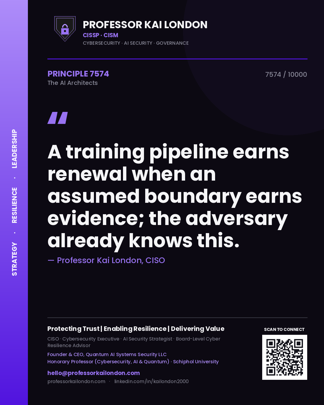 Professor Kai London principle 7574: A training pipeline earns renewal when an assumed boundary earns evidence; the adversary already knows this.