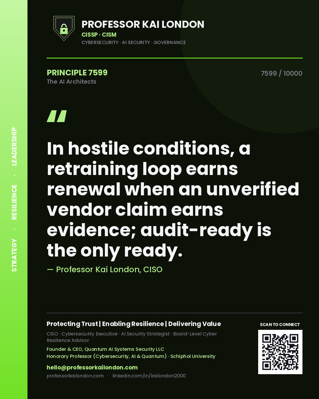Professor Kai London principle 7599: In hostile conditions, a retraining loop earns renewal when an unverified vendor claim earns evidence; audit-ready is the only ready.