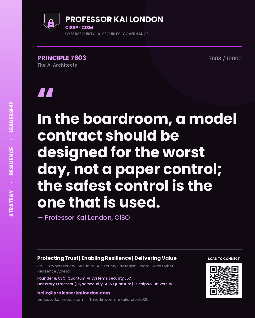 Professor Kai London principle 7603: In the boardroom, a model contract should be designed for the worst day, not a paper control; the safest control is the one that is used.