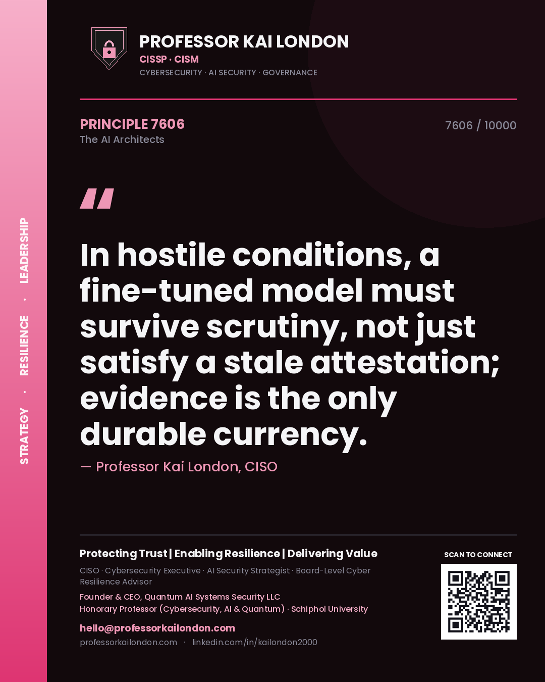 Professor Kai London principle 7606: In hostile conditions, a fine-tuned model must survive scrutiny, not just satisfy a stale attestation; evidence is the only durable currency.