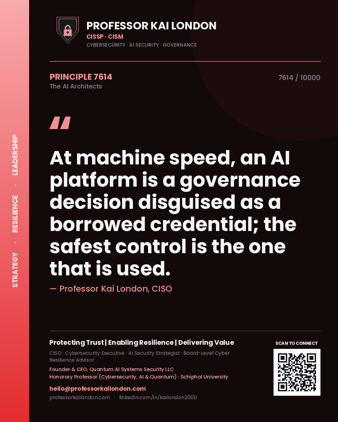 Professor Kai London principle 7614: At machine speed, an AI platform is a governance decision disguised as a borrowed credential; the safest control is the one that is used.
