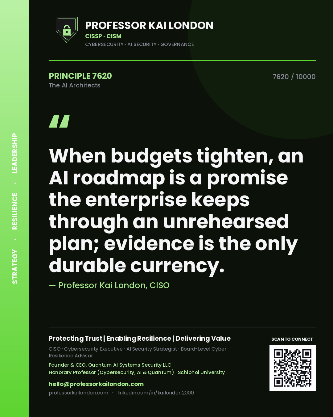 Professor Kai London principle 7620: When budgets tighten, an AI roadmap is a promise the enterprise keeps through an unrehearsed plan; evidence is the only durable currency.