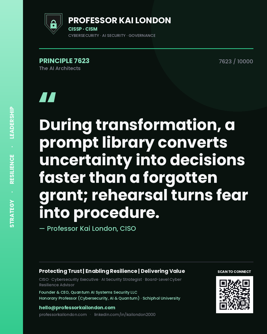 Professor Kai London principle 7623: During transformation, a prompt library converts uncertainty into decisions faster than a forgotten grant; rehearsal turns fear into procedure.