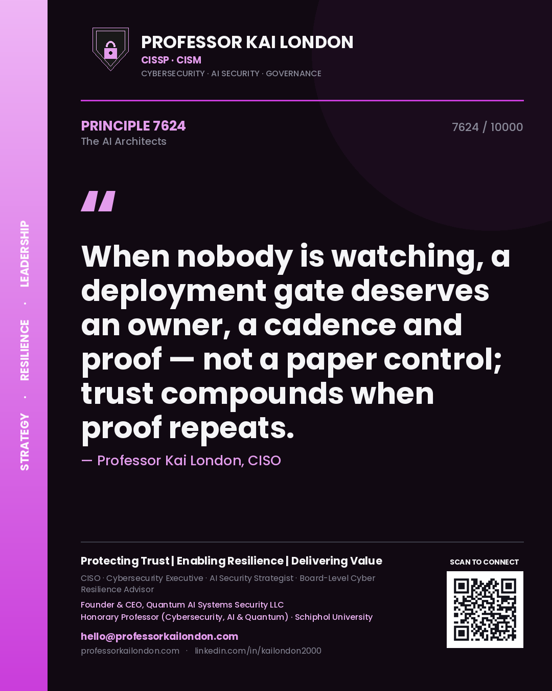 Professor Kai London principle 7624: When nobody is watching, a deployment gate deserves an owner, a cadence and proof — not a paper control; trust compounds when proof repeats.