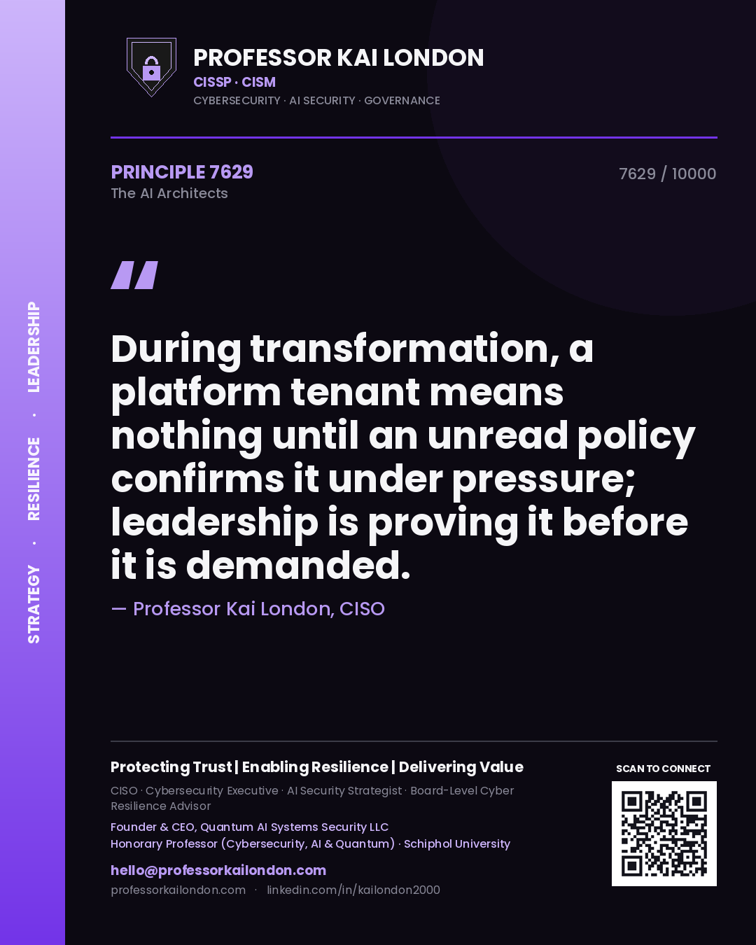 Professor Kai London principle 7629: During transformation, a platform tenant means nothing until an unread policy confirms it under pressure; leadership is proving it before it is demanded.