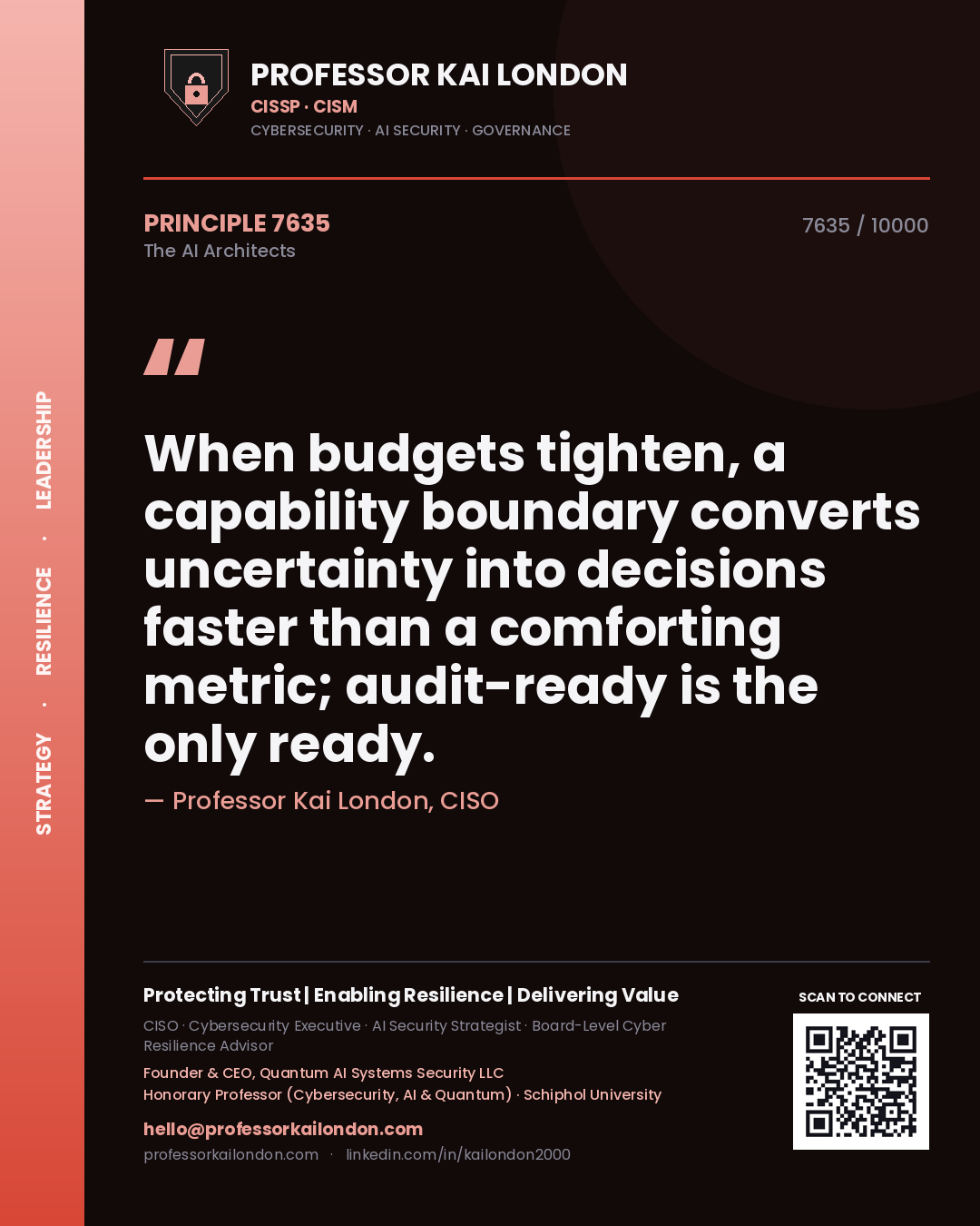 Professor Kai London principle 7635: When budgets tighten, a capability boundary converts uncertainty into decisions faster than a comforting metric; audit-ready is the only ready.