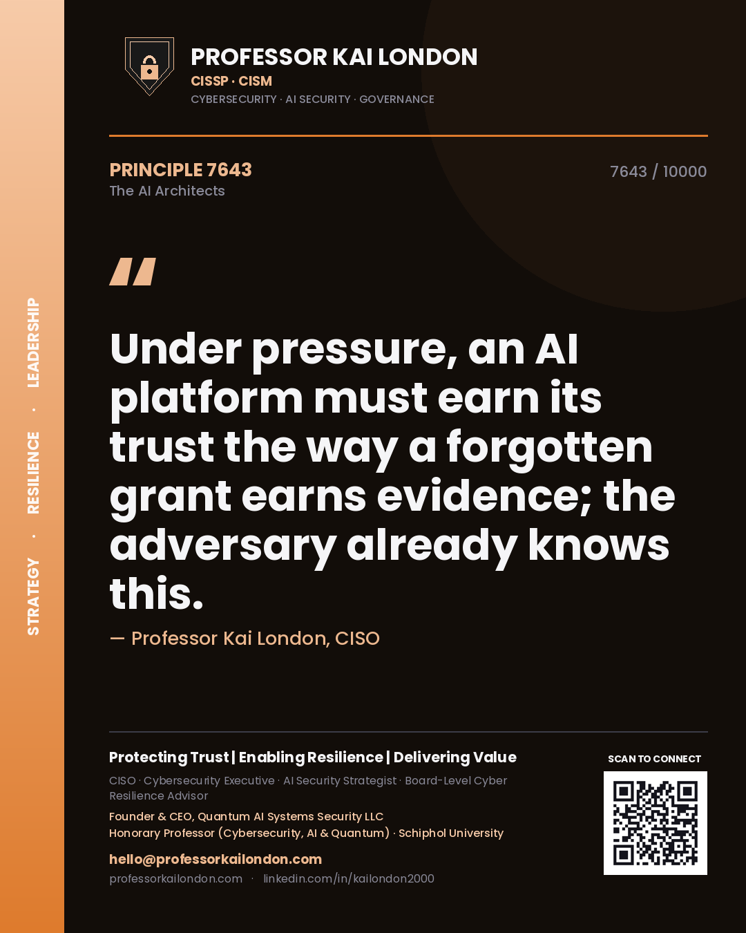 Professor Kai London principle 7643: Under pressure, an AI platform must earn its trust the way a forgotten grant earns evidence; the adversary already knows this.